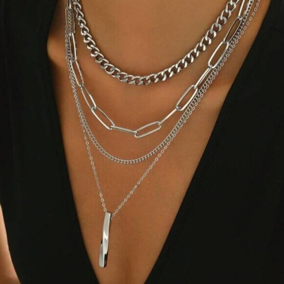 Layered Sterling Silver Chain Necklace Set – 4 Strands with Pendant - Picture 2 of 4